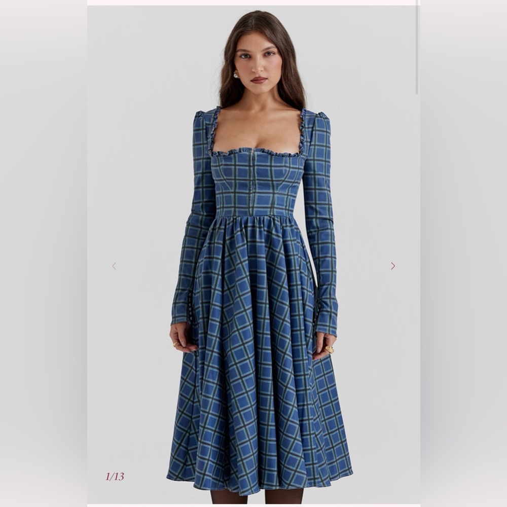 House of CB Blue Plaid Long Sleeve Square Neck Midi Dress
